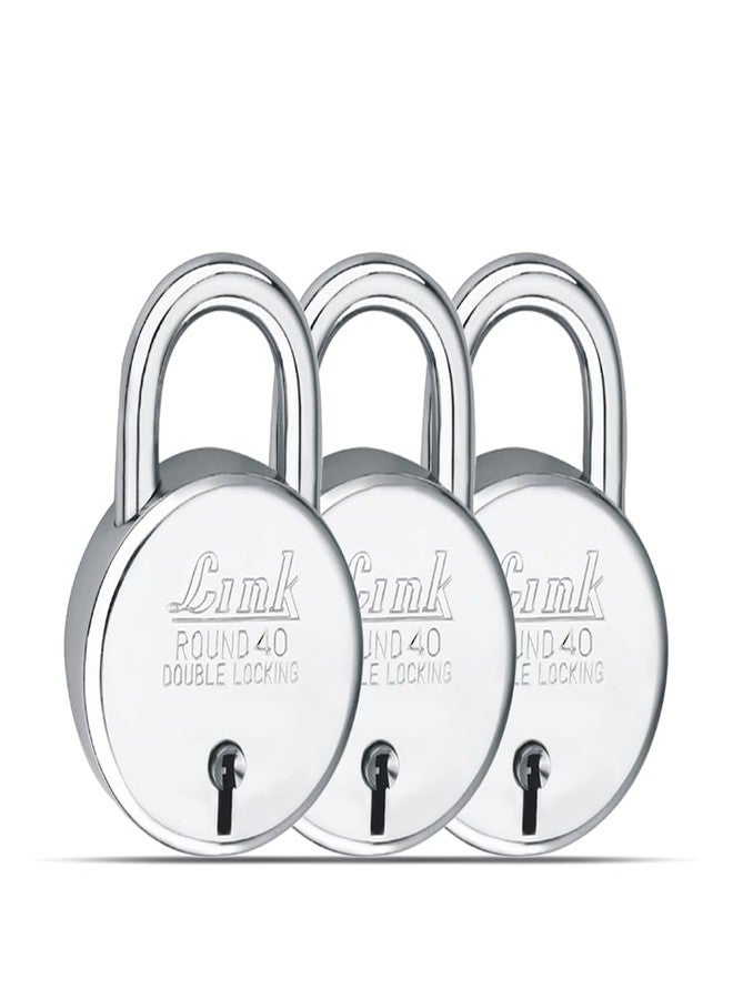 Link New Round 40 MM Silver Steel Lock with 3 Keys | Lock and Keys | Door Lock | Padlock for Home, Office, Shop (Pack of 3) - Image 1